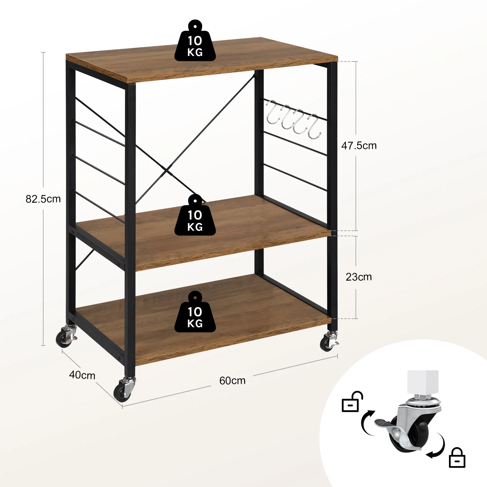Carrello Da Cucina Con Ruote WOLTU A 3 Ripiani - Scaffale Per Microonde, Con Ganci, 60x40x82,5 Cm, Colore Marrone Rustico E Nero