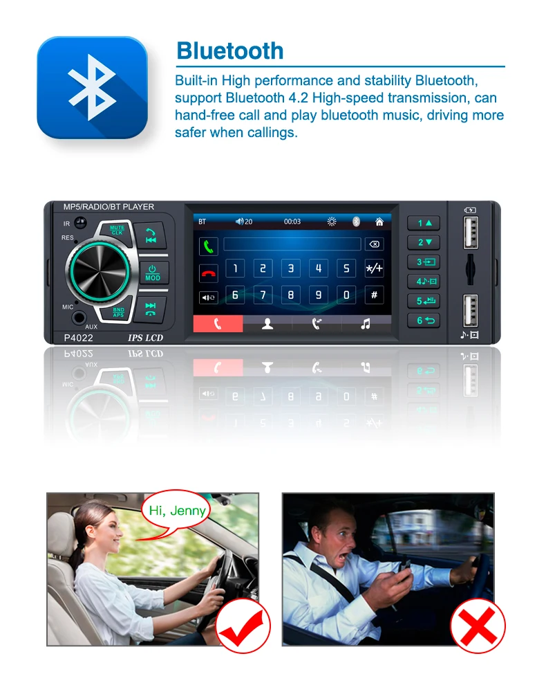 1 Din 3.8" Car Radio Stereo Touch Screen BT Music Handsfree MP5 Player TF USB Charging Remote Audio System ISO Head Unit P4022