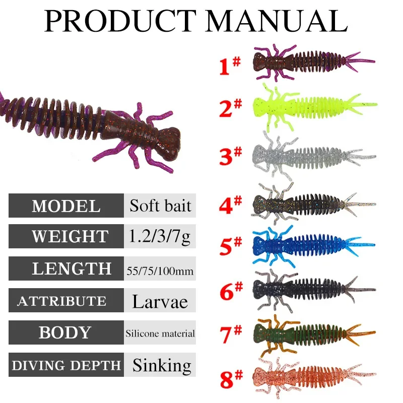 

Larva Soft Lures 55mm 75mm 100mm Artificial Fishing Worm Silicone Bass Pike Minnow Swimbait Jigging Plastic Baits