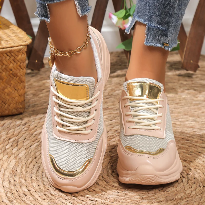 New Heel Mesh Sports Shoes Sneakers Women's Breathable Lace-up Platform Sneakers Splicing Lace Up Outdoor Vulcanized Shoes 5