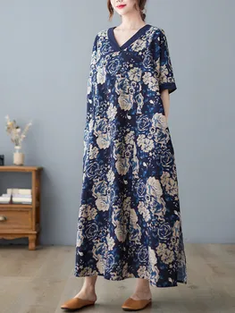 Anteef فساتين قصيرة الأكمام المعتاد القطن الكتان خمر الأزهار للنساء فستان فضفاض طويل الصيف ملابس أنيقة 2023 5