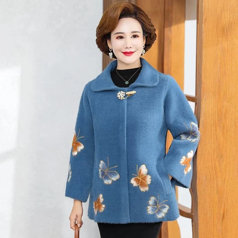 

2023 Imitation Mink Coat Female Mother's Autumn Coat New Middle-Aged And Old Women's Fur Jacket Cardigan Coat Spring Wool Coat