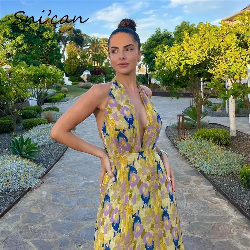 

Deep V Neck Halter Long Sexy Dress Women Fashion Summer Casual Holiday Backless Bandage Oversize Loose Midi Dresses Robe Vestido