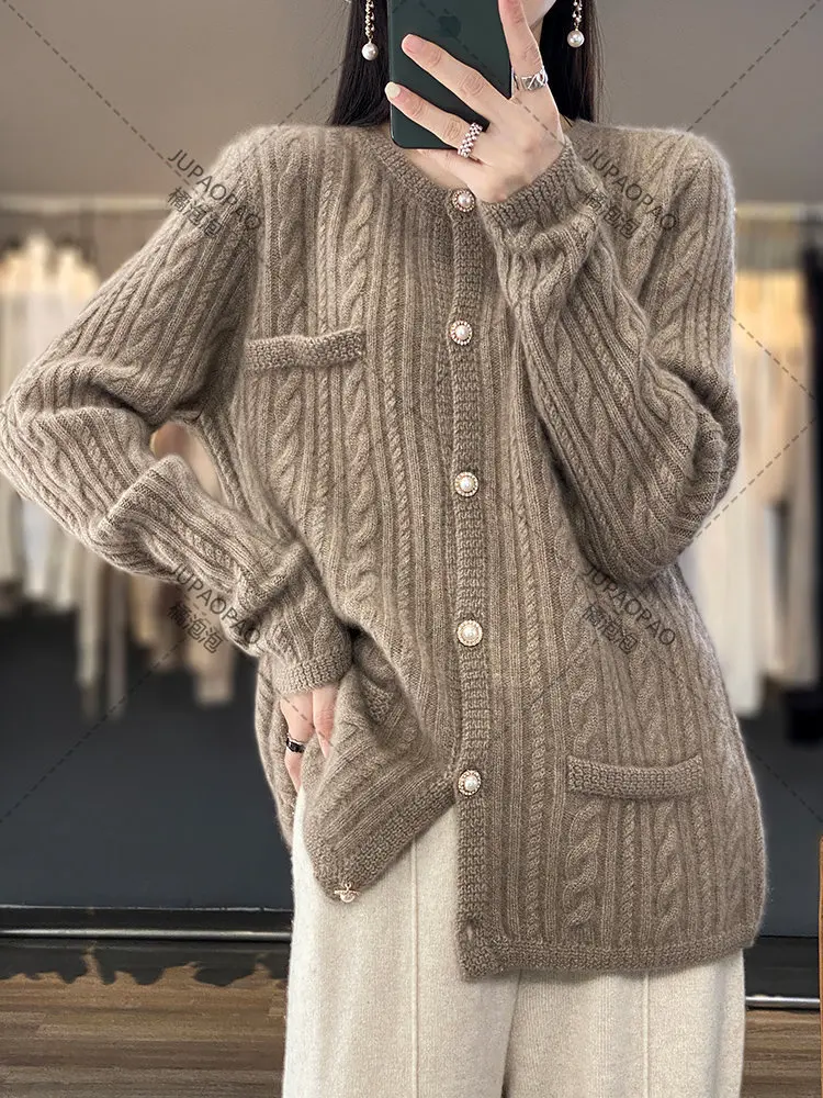 

100% Merino Wool Cashmere Women Knitted Sweater O-Neck Long Sleeve Cardigan Jumper Autumn Winter Casual Thick Clothing
