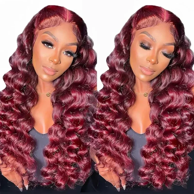 40  Inch 99J Deep Wave Wigs 13X4 HD Transparent Curly Lace Human Hair Wig Ombre Dark Red Water Wave Wig For Black Women