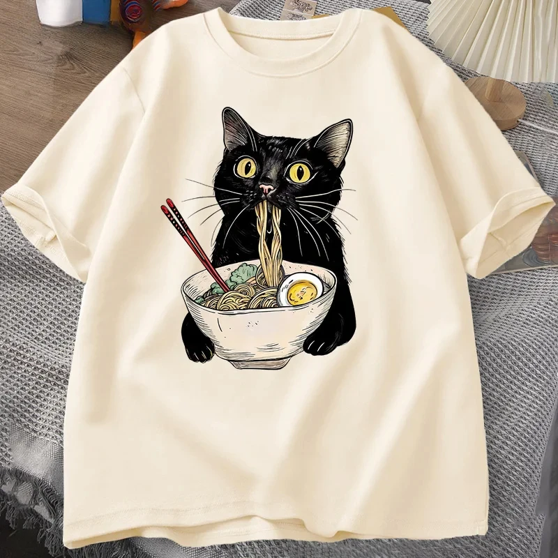 Retro Nudel-Ramen-Katzen-T-Shirt, Foodie-Liebhaber-T-Shirts, Schwarze Katze Nudel-T-Shirts, Lässiges Kurzarm-T-Shirt für Männer und Frauen