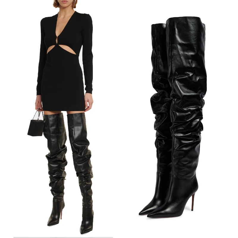

Autumn Winter New Fashion Thin Heel High Heel Over knee Boots Pointed Pleated Long Boots Slim Thigh Boots Slip-on Women's Boots