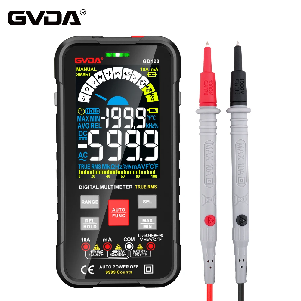 GVDA New 9999 Counts Digital Multimeter Smart Auto Range 1000V 10A Tester Meter Ohm Hz Capacitance REL True RMS AC DC DMM GD128