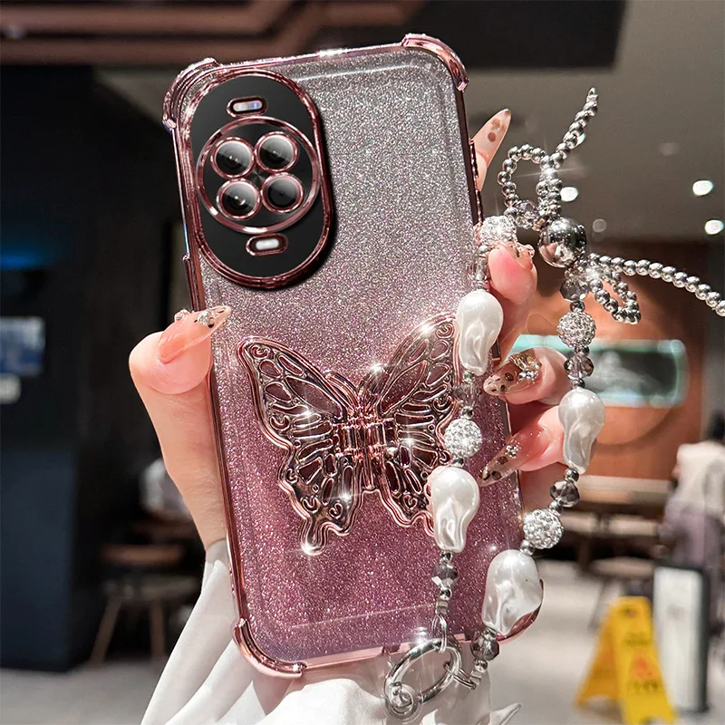 Gradient Glitter Pearls Butterfly Wrist Chain Holder Stand Shockproof Phone Case