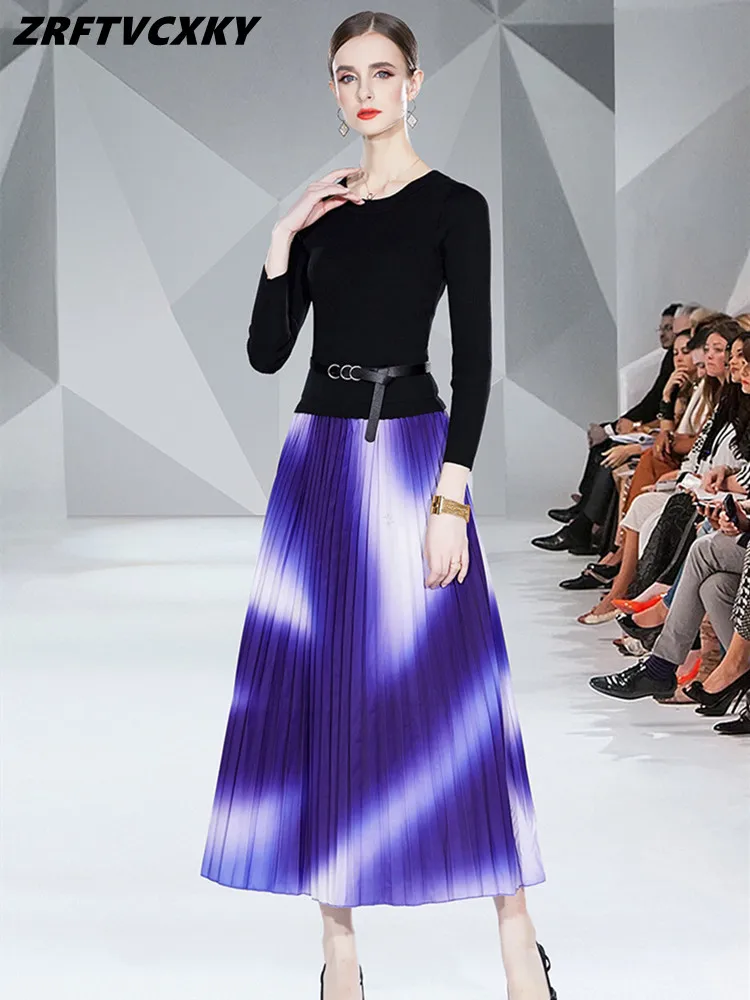 

Runway Knitted Colorblock Printing Sweater Dresses Women Autumn Winter Fashion Long Sleeve Patchwork Pleated Long Dress Belted