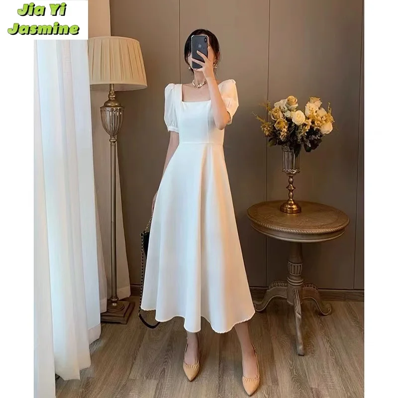 

Dressed Women's 2024 Summer New Instagram Tea Break Dress Elegant Square Neck Over Knee Long Hepburn Style Little Black Dress