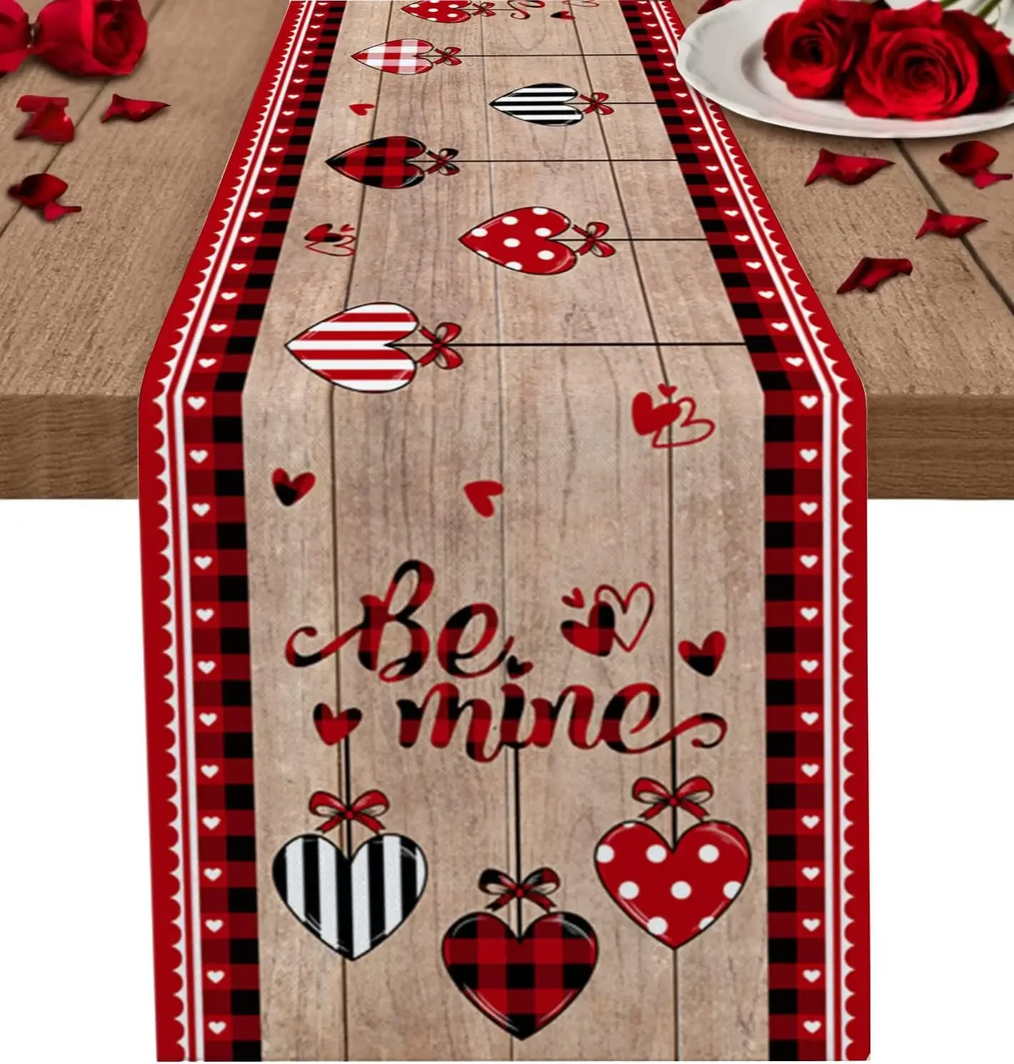 

Valentine's Day Love Hearts Wood Grain Linen Table Runners Holiday Party Decor Washable Dining Table Runners Wedding Decorations