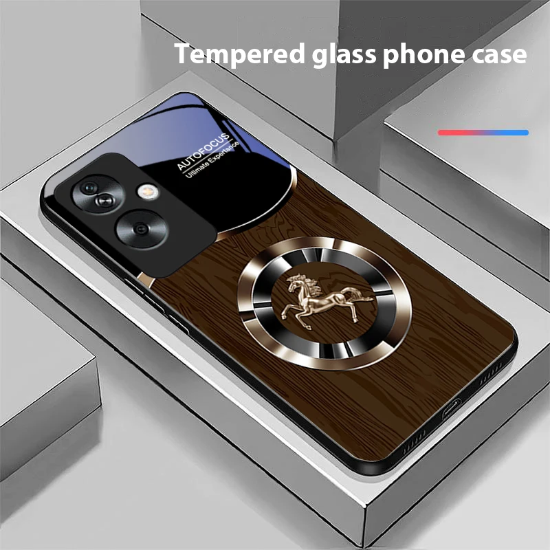 Wood Grain Horse Blue Tempered Glass Black Phone Case