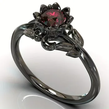 Women's Black Flower Ring with Red Stone