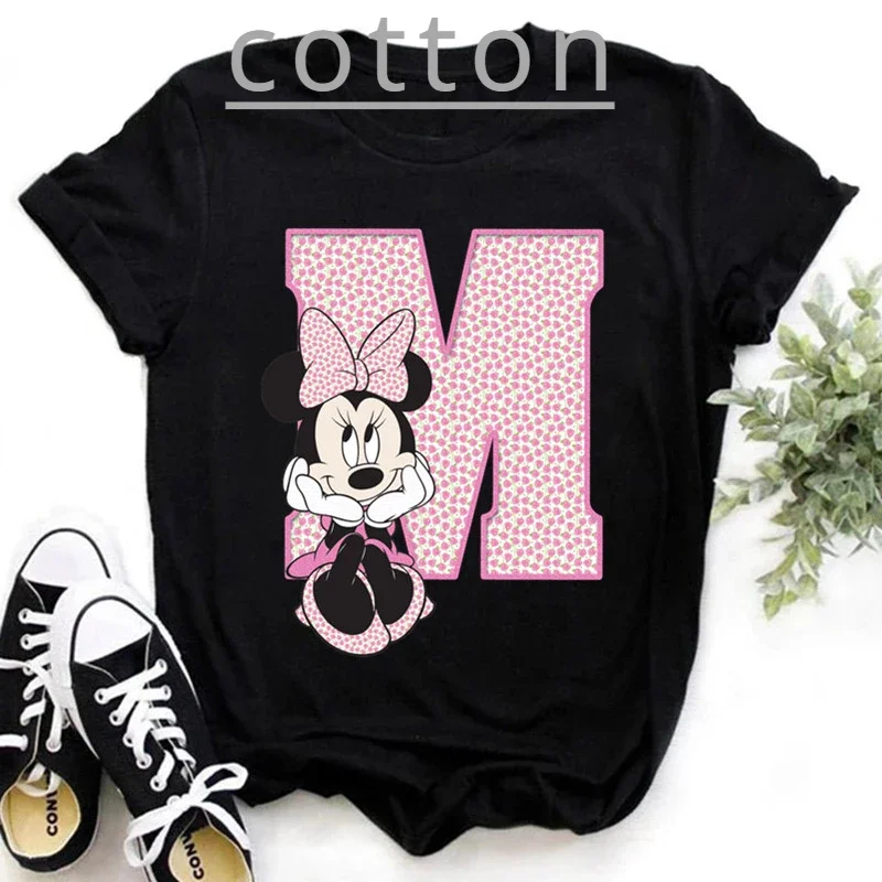 여름 반팔 어린이 코튼 티셔츠, 핑크 미니 마우스 폰트 A, B, C, D, E, F, G, 귀여운 재미있는 소녀 티셔츠, 레터 아이  티 탑
