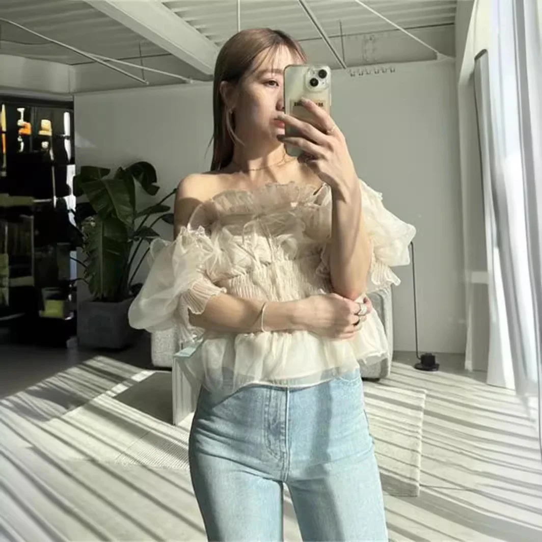 Spring Sweet Sweet Slash Neck Puff Sleeve Elegant Blouses Off Shoulder Mesh Lace Up Shirt Japan New Moda All-match Casual Blusas