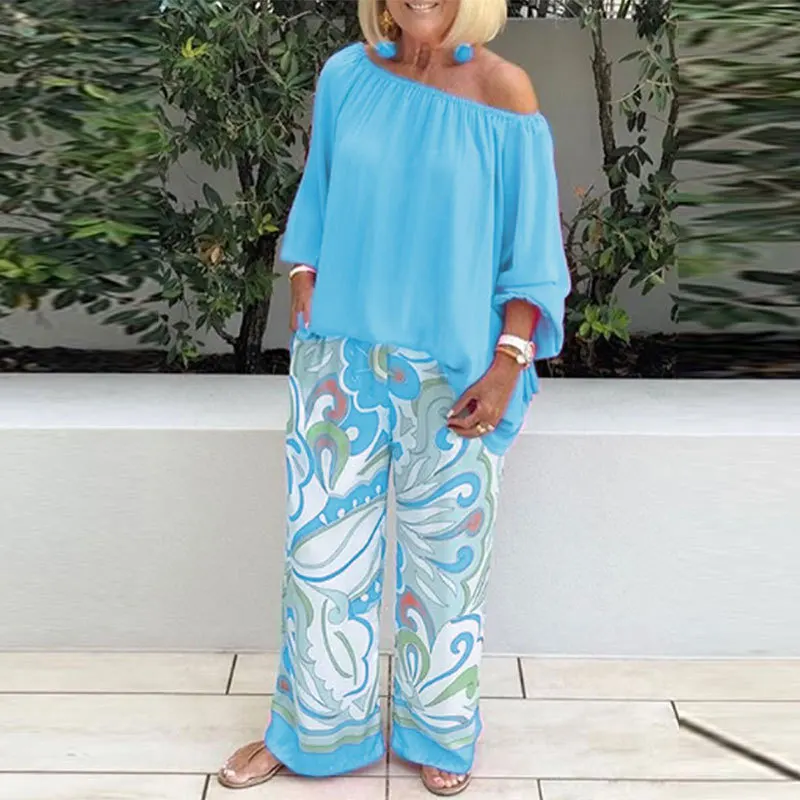 

Spring summer Casual 2-piece Suit Set Women's Sexy Off-shoulder Shirt Blouse Top + Printed Wide-leg Pants Two-piece Suit 2024