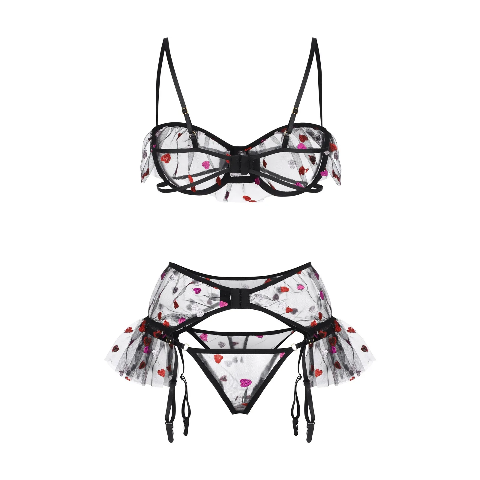 Sexy Lingerie Liefde Hartvormige Borduurbeha G-String String Kousenband Erotisch Ondergoed Set Vrouwen Mesh Perspectief Exotisch_voghion.com