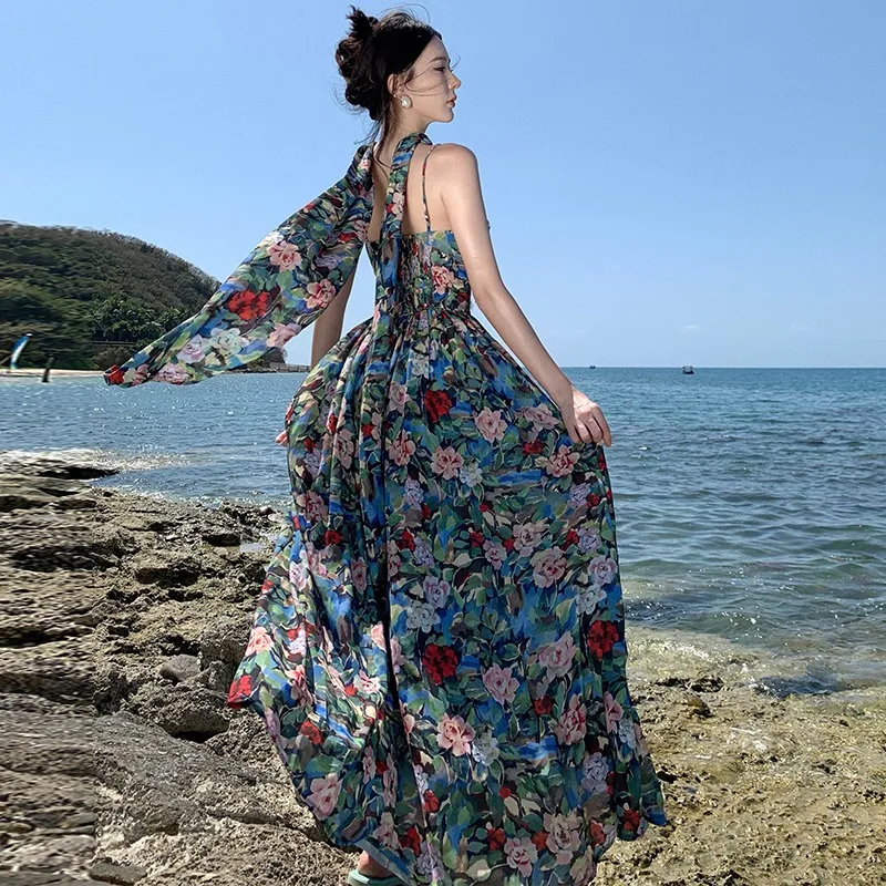 

Summer Midi Floral Bohemian Women Dresses 2024 Beach Long Slim Vacation Popular Dress Elegant Sweet Bodycon Sleeveless Dress New