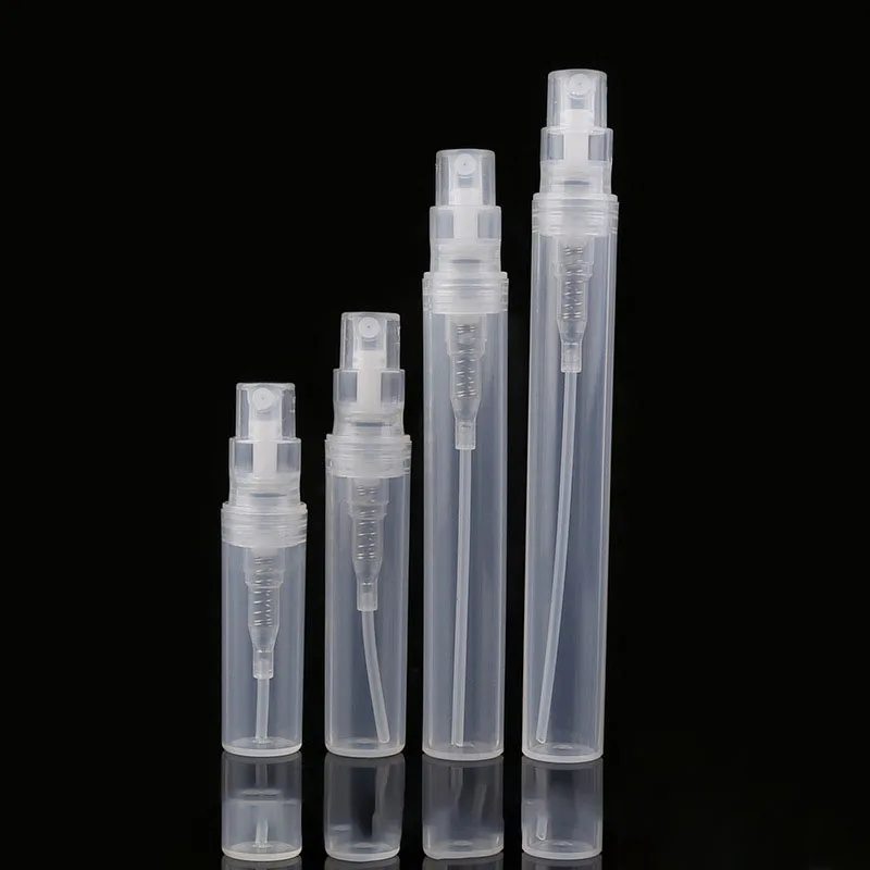 100pcs/lot 2 3 4 5ml Clear Transparent Plastic Perfume Spray Bottle Pen Atomizers Clasp Refillable Small Sample Trial Size Vial