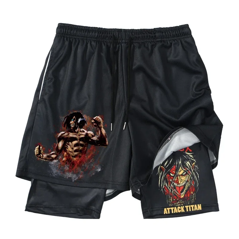 Anime Attack on Titan 2 in 1 Gym Workout Shorts for Men Quick Dry Stretchy Athletic Compression Shorts Fitness Running Jogging 5