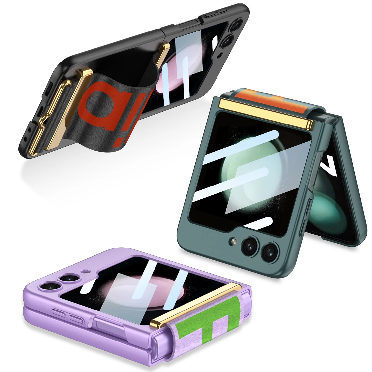 Stylish Letter Wristband Stand Phone Case for Samsung Galaxy Z Flip 5 Ultra-thin Shell Film Integrated All-wrap Protective Cover