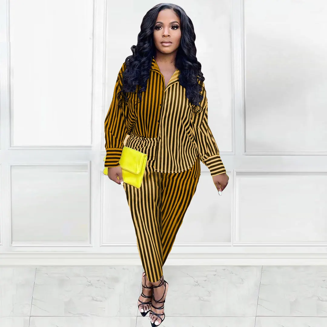Two Piece Set Gradient Stripe Stitching Shirt + Pencil Pants Matching
