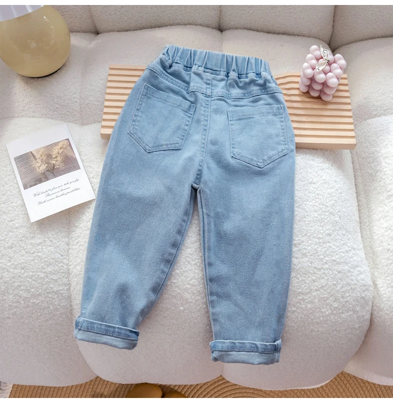 IENENS Kpop-Kleidung für Mädchen und Kinder, schmale, gerade Jeans, hellblaue Stickerei-Denim-Hosen für 1–6 Jahre – Detail 2