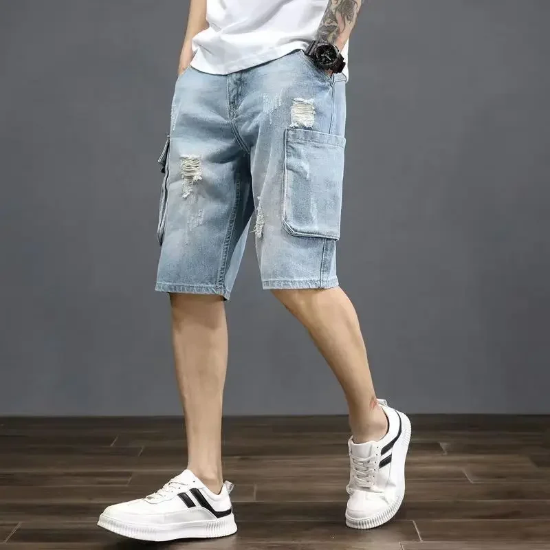 Pantalones cortos vaqueros rectos para hombre con bolsillos, pantalones vaqueros cortos holgados para hombre, pantalones anchos sueltos, ropa de calle emo, moda Y2k, botones azules retro