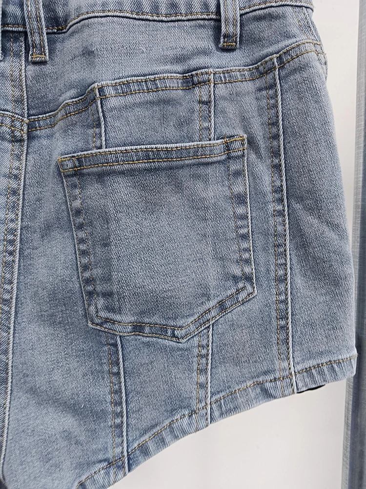 TWOTWINSTYLE Streetwear Colorblock Spliced Pocket Short For Women High Waist Patchwork Button Chic Denim Shorts Female KPA504636
