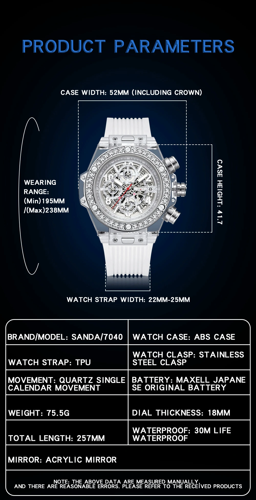 2023 SANDA New Cross-border Hot Sale Quartz Watch Fashion Trend Men Watch 7040 with Calendar Glow Perspective Window Watch