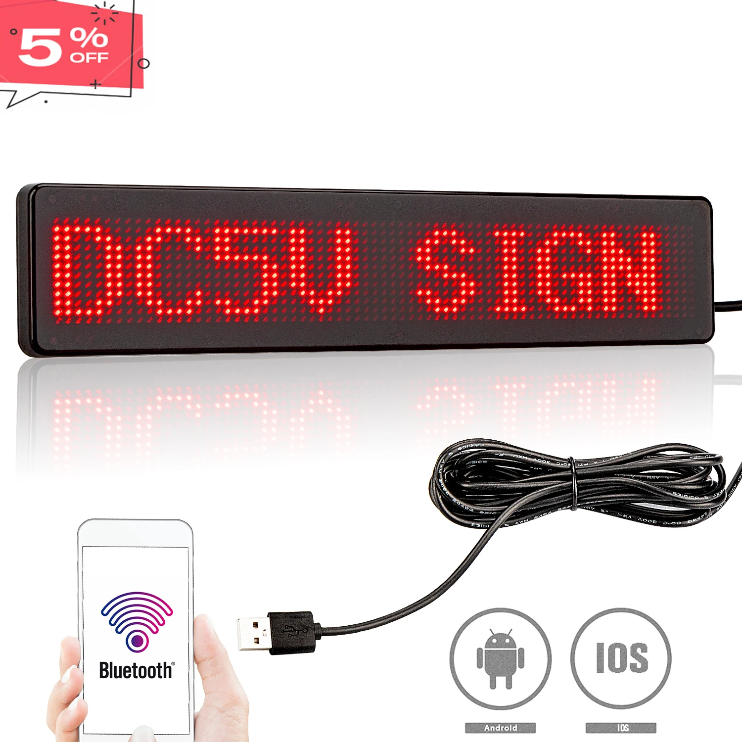 

Bluetooth LED Car Display Smartphone APP Control Programmable Scrolling Message Board LED Display Board Red Text 23CM