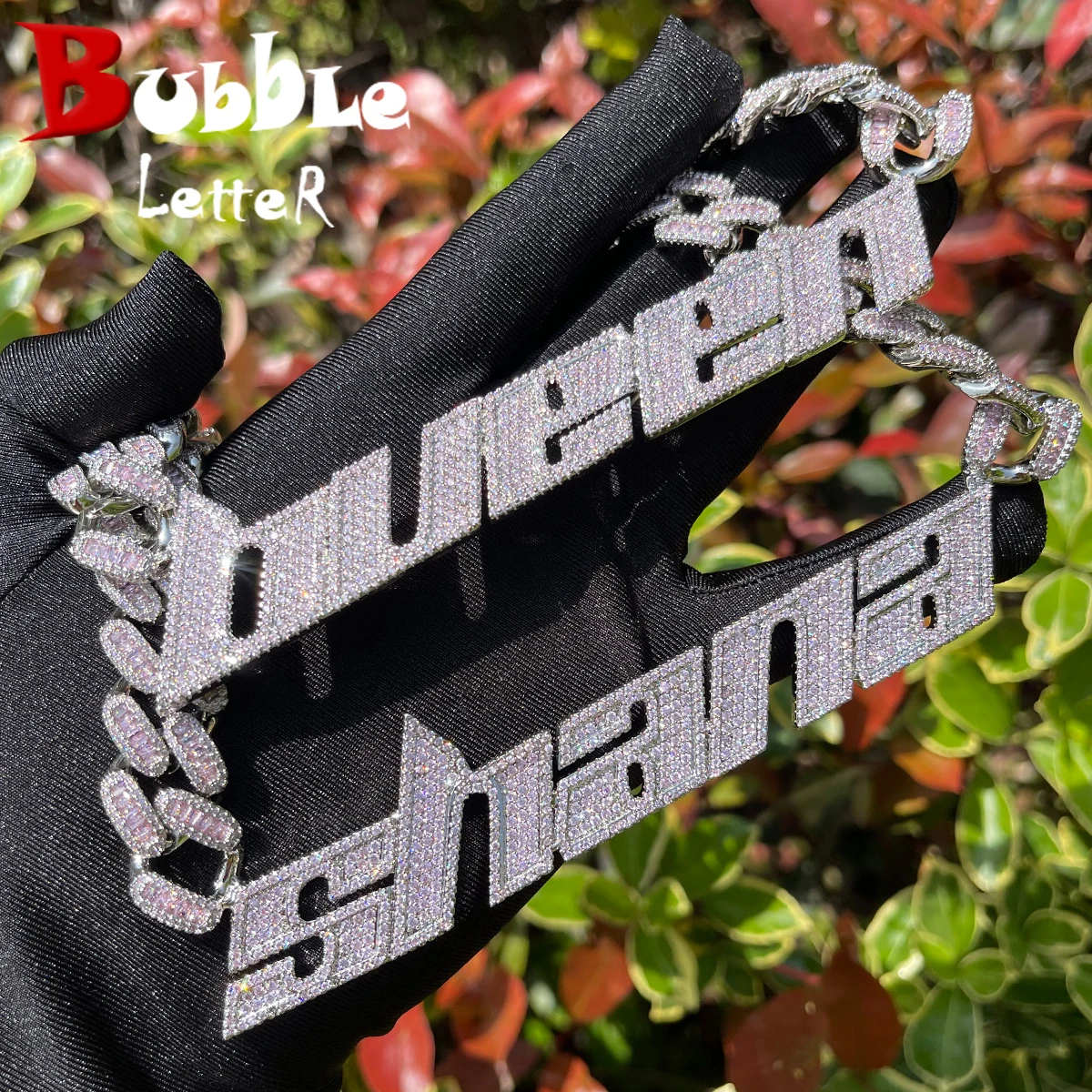 

Bubble Letter Custom Initial Name Necklace for Women With Miami Cuban Link Chain Iced Out Bling Baguette Hip Hop Jewelry