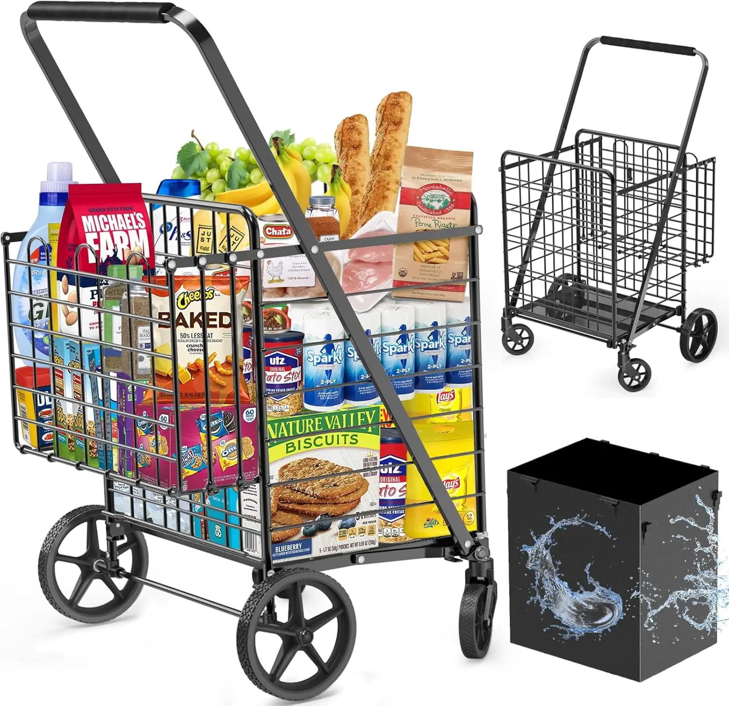 Extra Large Shopping Cart 450lbs Heavy Duty Grocery Cart on Wheels Folding Dual Basket Utility Carts Waterproof Line