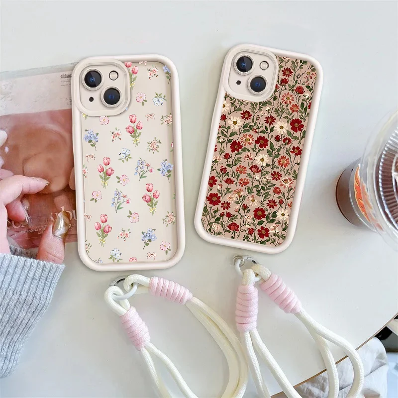 Retro Flower Strap Lanyard Phone Case with TPU Cover