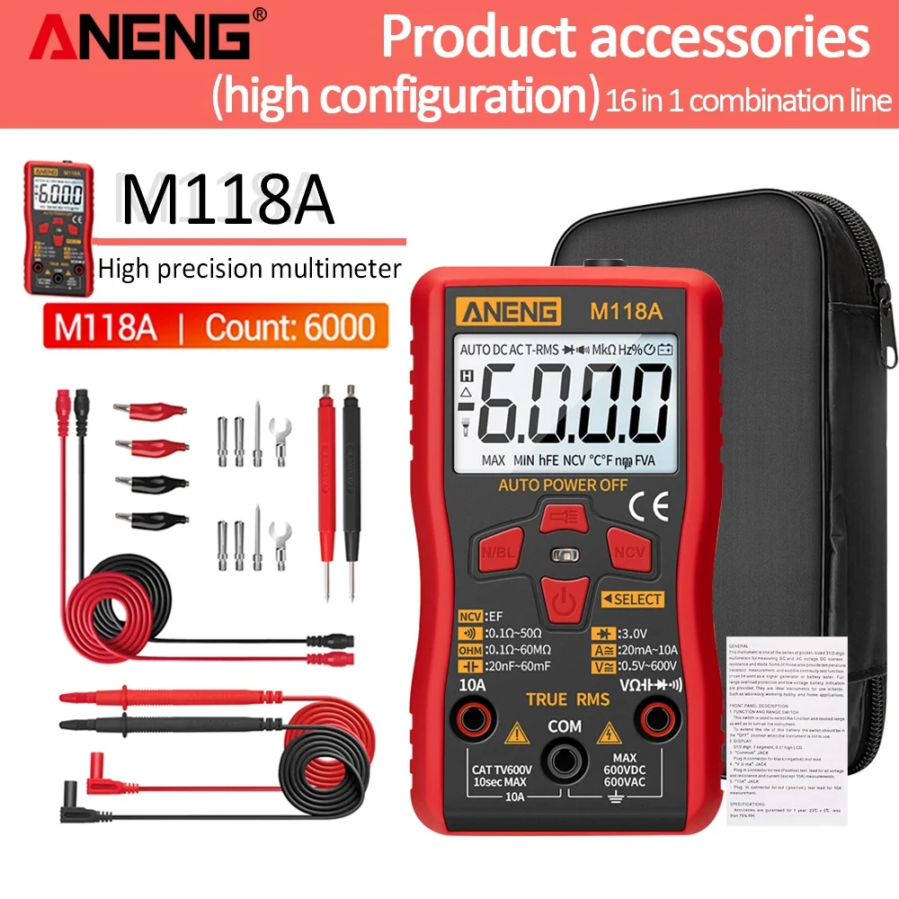 

ANENG M118A Mini Digital Multimeter Tester Auto Mmultimetro True Rms Tranistor Meter with NCV Data Hold 6000counts Flashlight