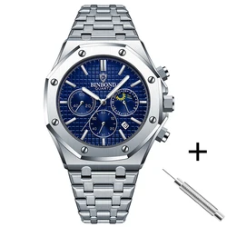 BINBOND Stylish Men's Quartz Chronograph Watch - Waterproof & Luminous with Calendar (Silver Blue)