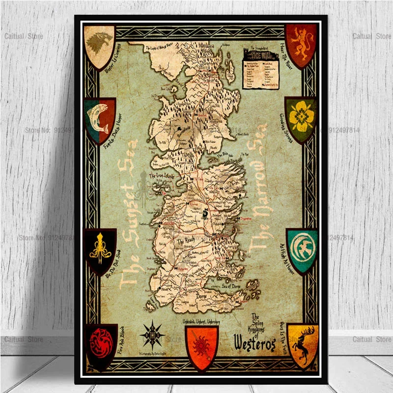 Westeros משחק מפה קנבס אמנות טלוויזיה סדרת סרט פוסטר קיר תפאורה עבור סלון חובבי עיצוב הבית