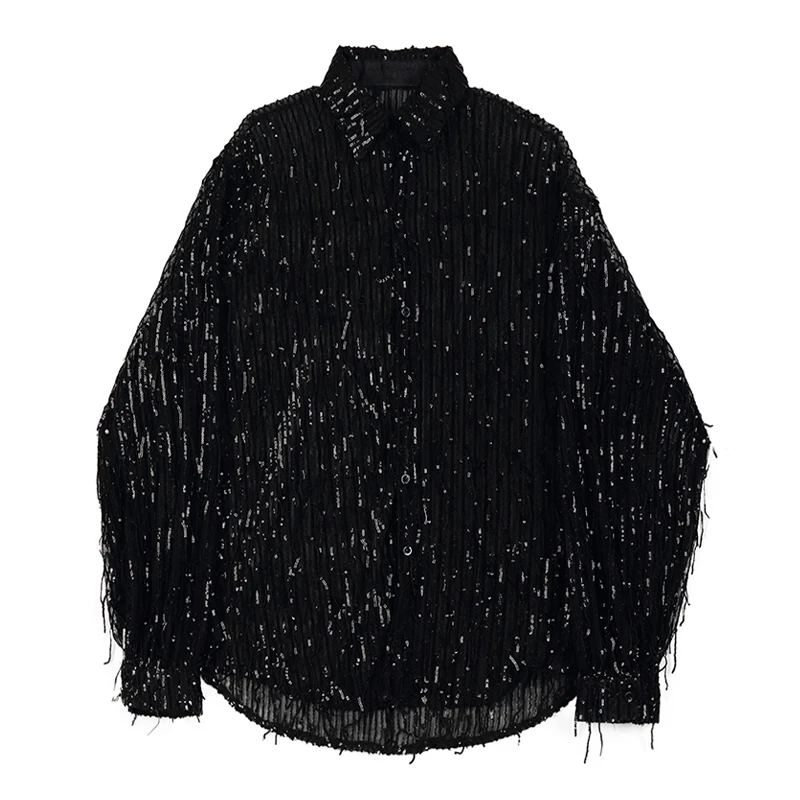 Men shirts Long sleeve Streetwear Men Shirt Cargo Vintage Fashion Sequins tassel Stage Show Dress Shirt Oversized Blouse