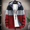 Autumn Winter Cardigan Sweater Men Fleece Zipper Sweaters Velvet Contrast Striped Sweater Coats Casual Jackets 6