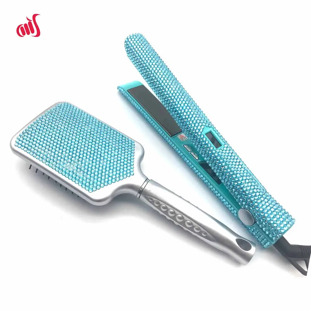 Straightener Iron & Paddle Brush Set Rhinestone Flat Iron& Massage Brush Kit planchas para el cabello& Cepillo Set 2