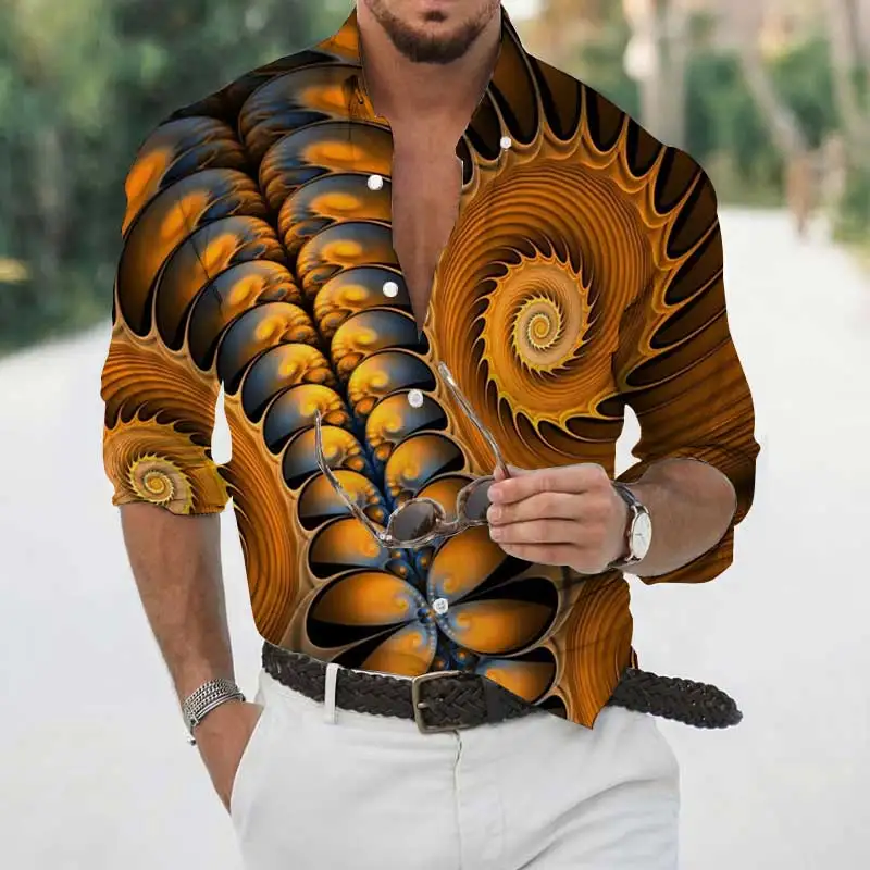 

Spring Autumn Men's Geometric Print Hawaiian Casual Shirts Streetwear Men's Cardigan Premium Long Sleeve Dress Shirts