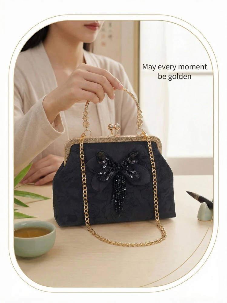 Chinese Style Butterfly Embroidery Clutch Vintage Lace Kiss Lock Handbag Elegant Evening Bag with Gold Chain for Women