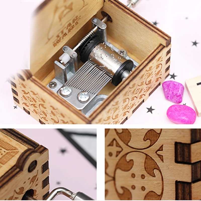 Vintage Wooden Hand Crank Music Box Octave Musical Box Engraved for Child Girls