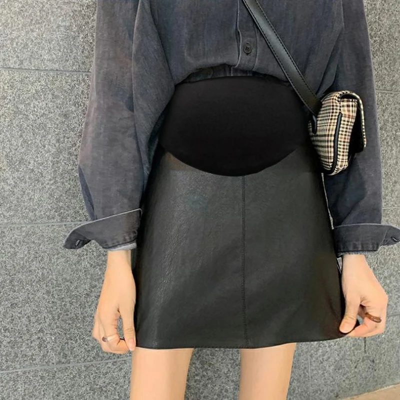 PU Maternity Short Skirts Autumn Winter Fashion Elastic Waist Belly A Line Loose Clothes for Pregnant Women Pregnancy