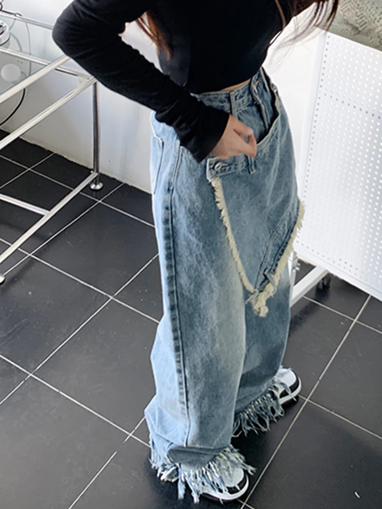 Yitimoky High Waist Fashion Denim Jeans for women Moustache Effect Female Trousers Spring 2022 Jeans Pants Tassel Vintage Denim straight leg jeans