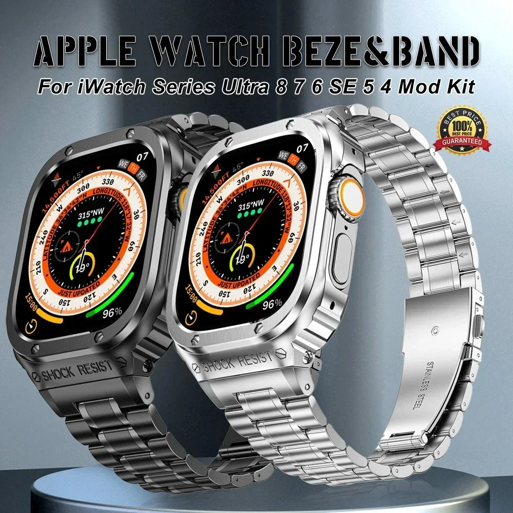 

Роскошный комплект мод для Apple Watch Ultra 49 мм из нержавеющей стали чехол iWatch серии 9 8 7 6 SE 5 45 мм 44 мм чехол-бампер резиновый ремешок