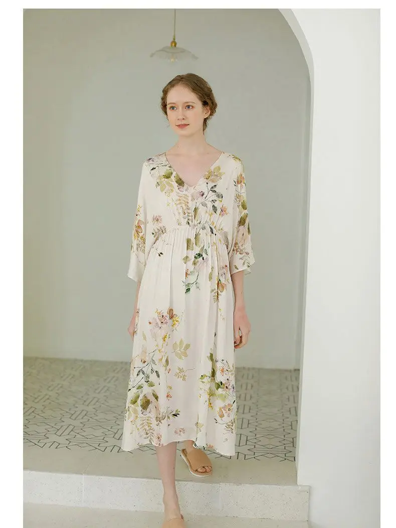 NEW Summer Women Sleep Dress V-Neck Pajamas Print Vintage Elegant Lightgowns Sleepwear High Quality Clothing