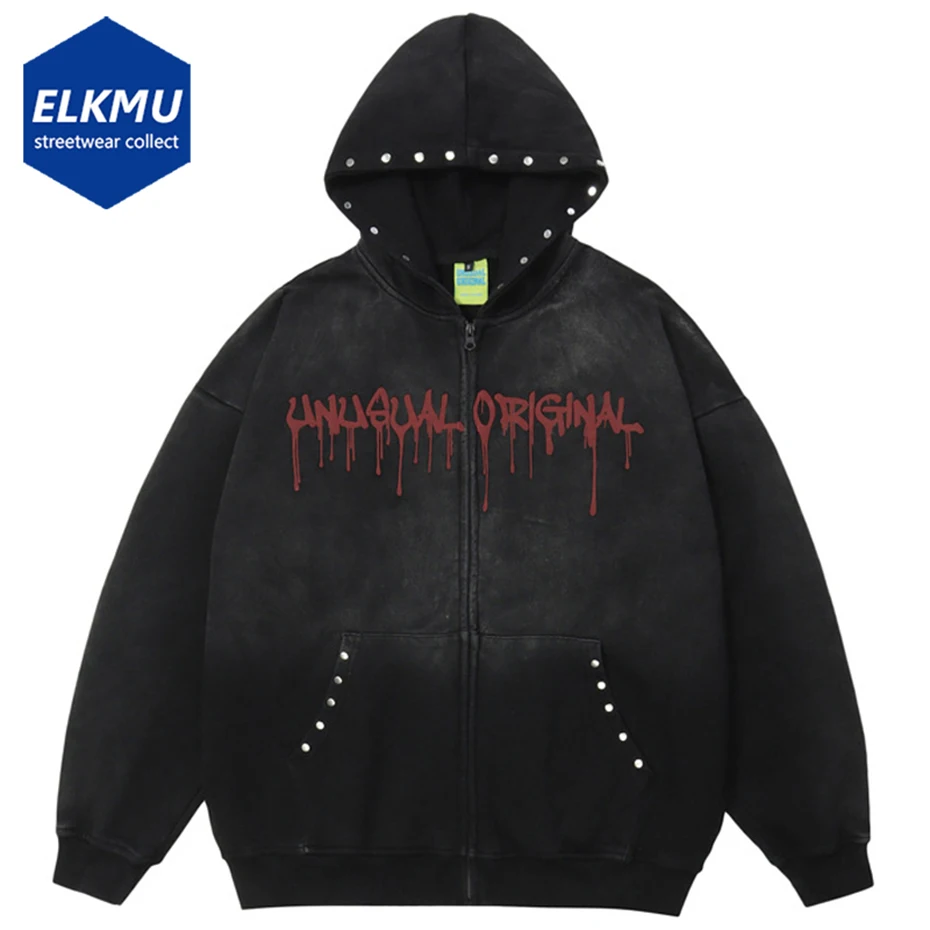 

Vintage Hoodies Men Melt Letter Tie Dye Zipper Hoodie Coat Harajuku Hip Hop Streetwear Hoodie Black Loose Casual Hoodie Male