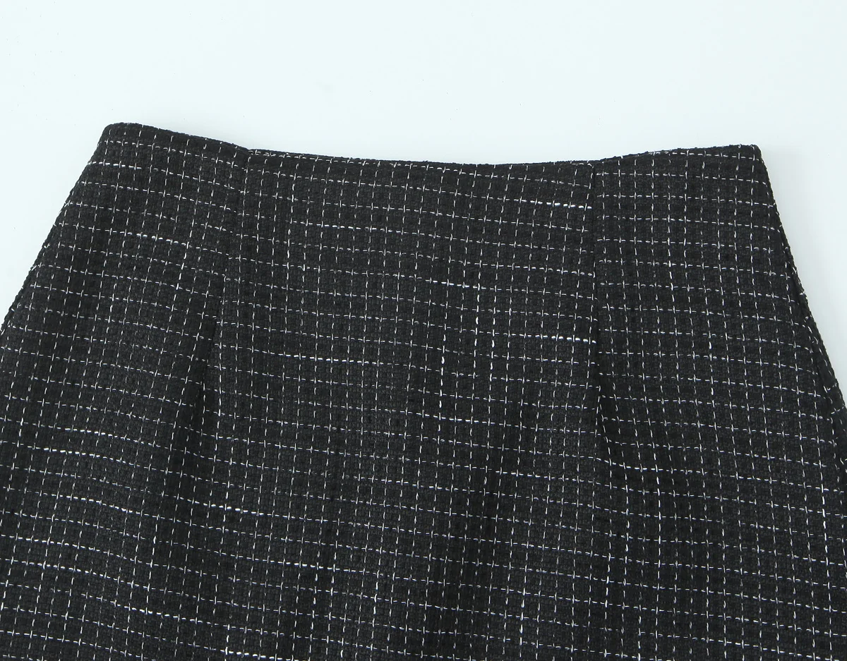French Style Retro V collar Plaid Woven Tweed Blazer + High Waist Mini Short Skirts Suits 2 pieces 1 Set Black White